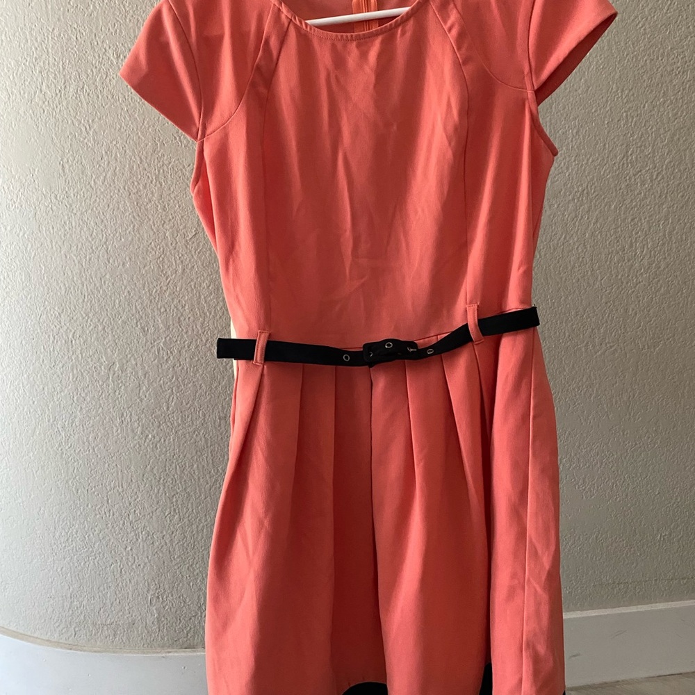 Chic Coral Mini Dress with Black Belt